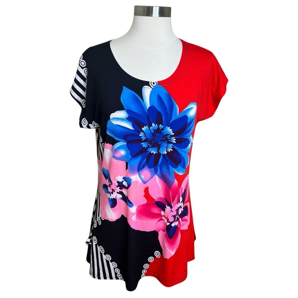 Serengeti Blouse Womens Large Multicolor Bold Florals Artsy Side Slits
